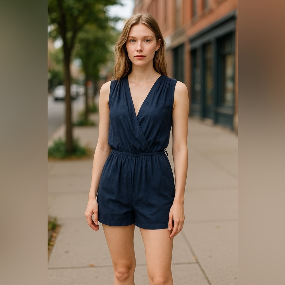 The Loft womens shorts romper size Large navy blue wrap front vneckline ties